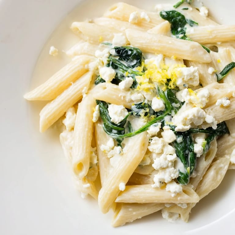 A close-up view of Creamy Feta Spinach Pasta in a white bowl, showing the velvety sauce clinging to noodles and bright lemon zest garnish.  
