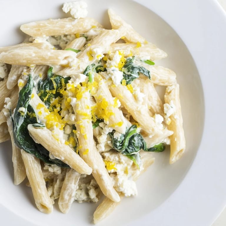 Hearty serving of Creamy Feta Spinach Pasta plated on a rustic table, garnished with fresh basil leaves and a sprinkle of chili flakes.