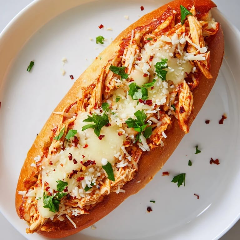 Slice of warm Chicken Parm Stuffed Garlic Bread served on a white plate with a side of marinara.