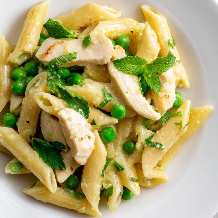 A plated serving of Pea & Mint Chicken Pasta topped with extra Parmesan, showcasing tender chicken and vibrant mint leaves.