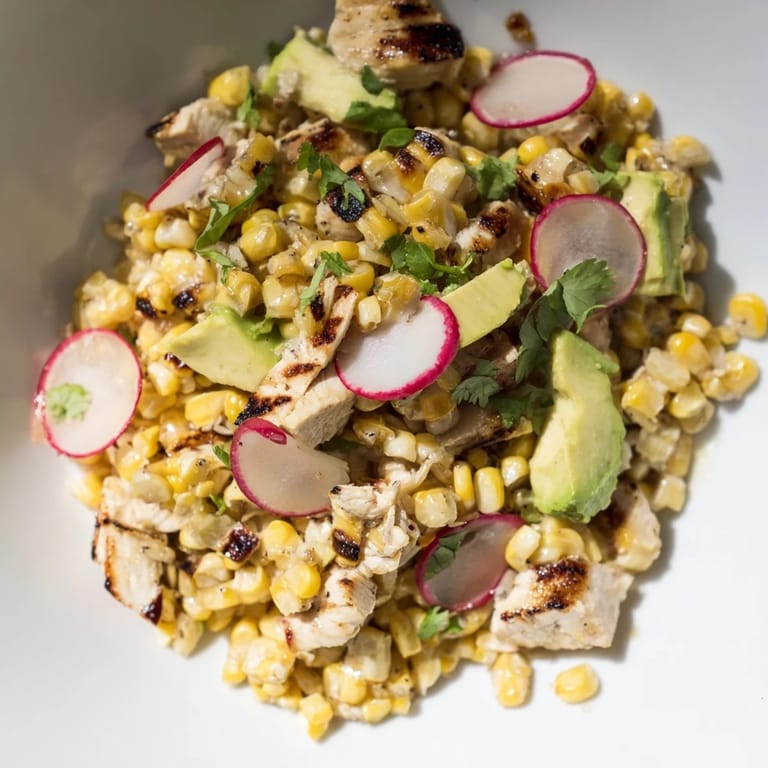 Freshly prepared Roasted Corn & Chicken Chopped Salad served in a white bowl, garnished with cilantro and ready for a light, gluten-free lunch.
