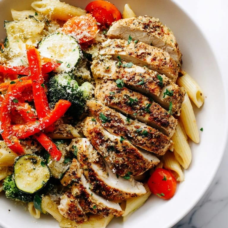 Golden-brown sliced chicken breast atop penne, zucchini, red bell pepper, and cherry tomatoes ready to serve.