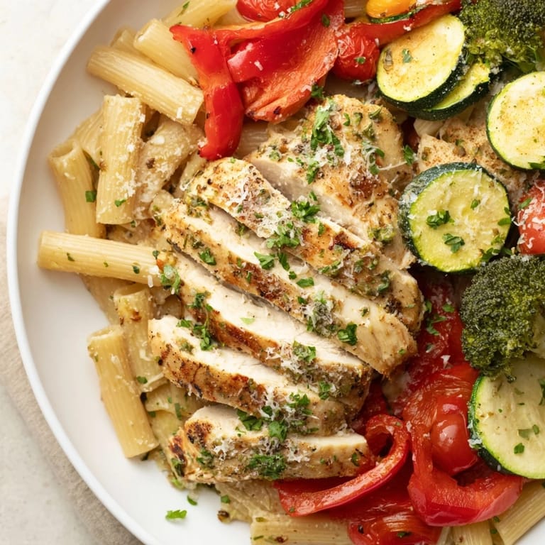 Freshly prepared Garlic Herb Chicken & Veg Pasta with Parmesan, parsley, and lemon zest garnish.