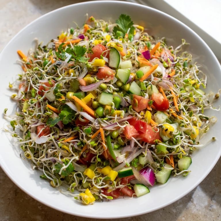 Vibrant vegan Sprouted Seed Salad in a white bowl, tossed with grated carrot, red onion, and a zesty olive oil dressing.