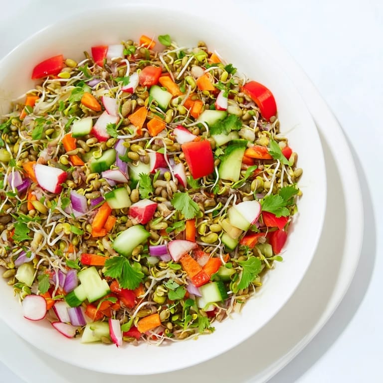 Healthy Sprouted Seed Salad served as a refreshing side, featuring crunchy cucumber, tomato, red bell pepper, and fragrant cilantro.