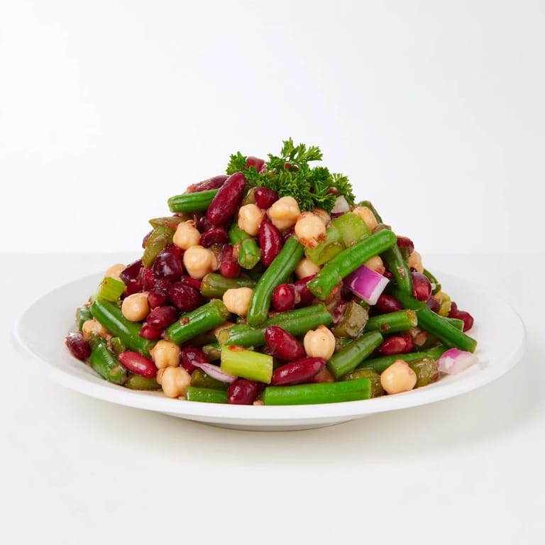 Colorful Three-Bean Salad mixed with crunchy celery and a tangy apple cider vinaigrette, perfect for a summer potluck.