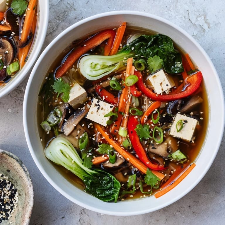 A comforting Asian-inspired Tofu and Vegetable Soup garnished with fresh cilantro, toasted sesame seeds, and lime wedges on the side.  