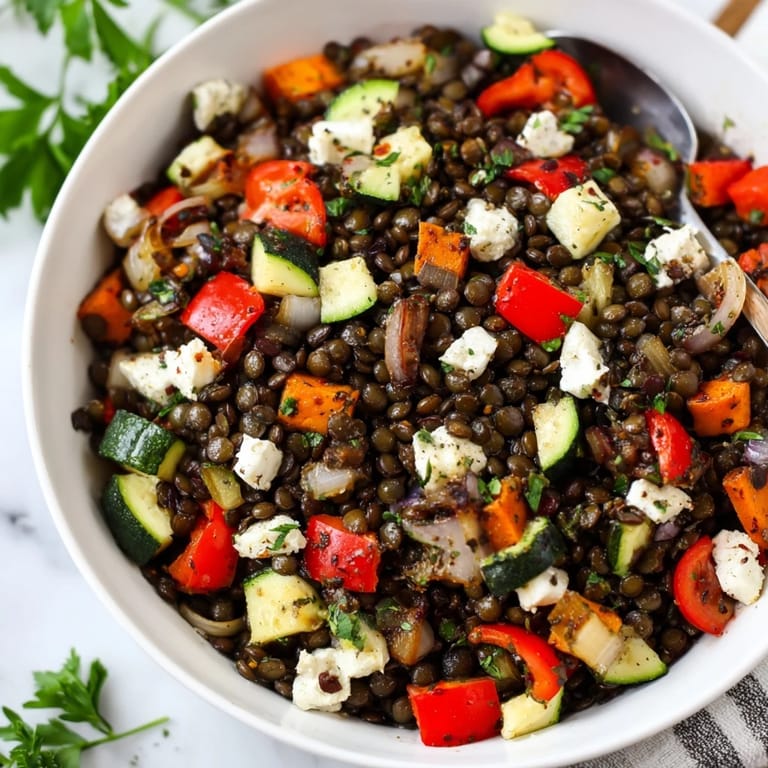 Hearty Black Lentil Salad with Roasted Vegetables showcases earthy beluga lentils, cherry tomatoes, and a zesty lemon dressing for a Mediterranean meal.