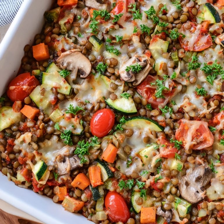Close-up of bubbling Green Lentil and Vegetable Casserole featuring lentils, carrots, and bell peppers in a rich sauce.