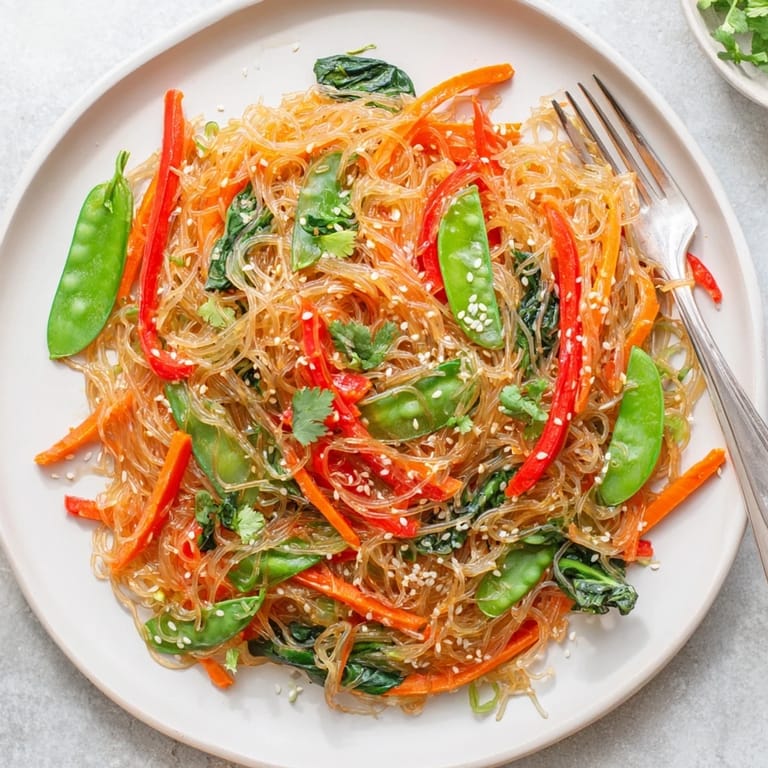 A close-up of colorful Kelp Noodle Stir-Fry featuring snap peas, carrots, and toasted sesame seeds.