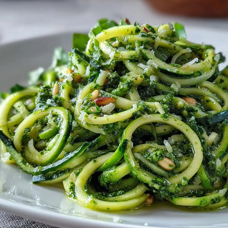 Low-carb zucchini noodles with pesto, ready to serve with fragrant basil.