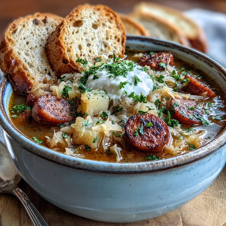 Top-down view of Sauerkraut Soup in a rustic bowl, garnished with fresh parsley and a dollop of sour cream.