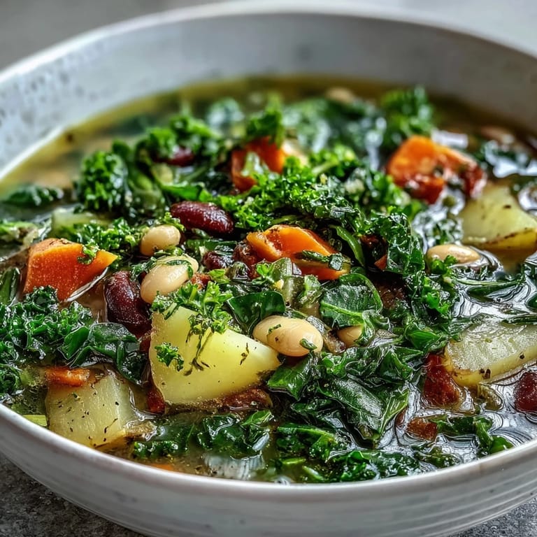 Spoonful of nutritious kale soup topped with fresh thyme, served warm beside crusty gluten-free bread for dipping.