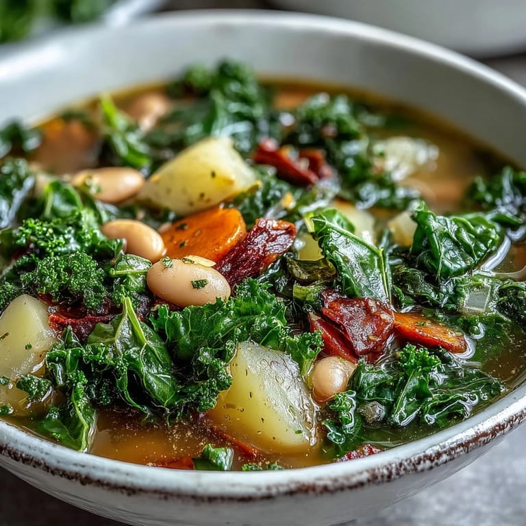 Vibrant bowl of kale soup featuring wilted greens, diced carrots, and potatoes, ready to serve as a wholesome meal.