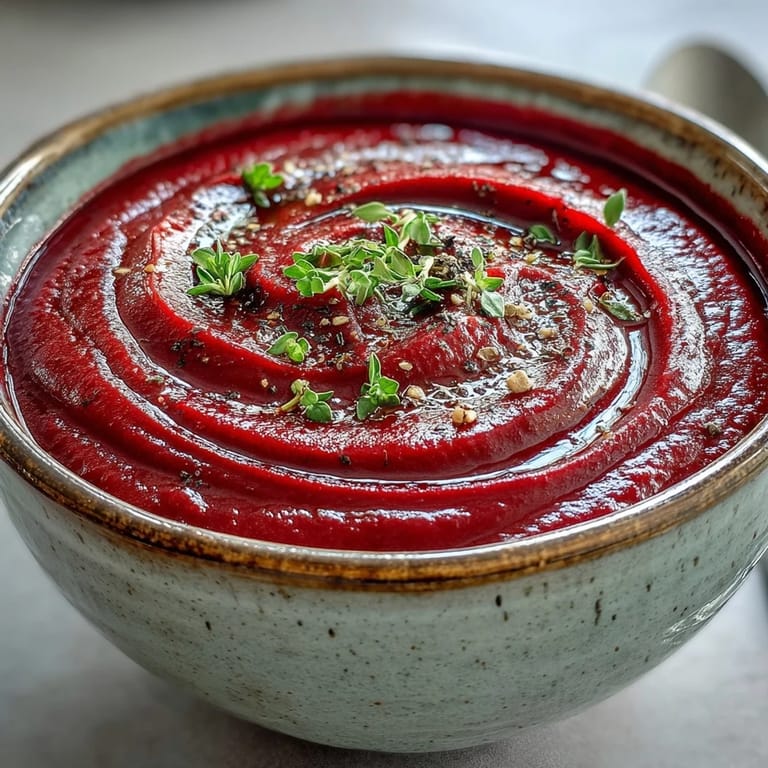 Roasted beet soup paired with crusty bread and fresh thyme for a hearty appetizer.