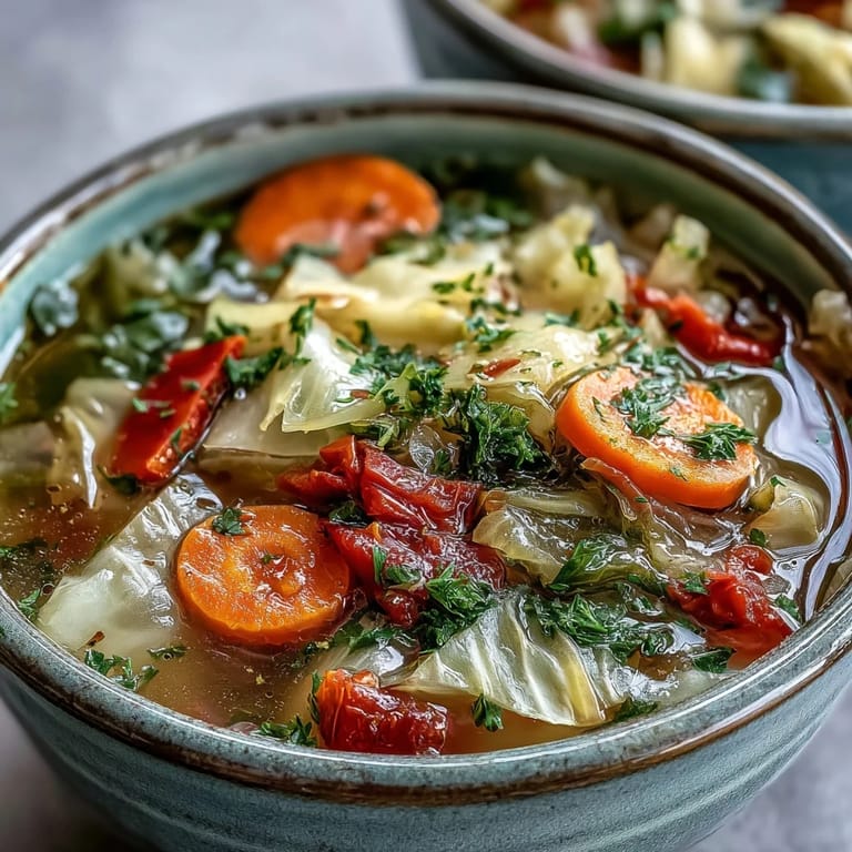 Healthy low-calorie Cabbage Soup featuring vibrant vegetables like zucchini and red bell pepper.