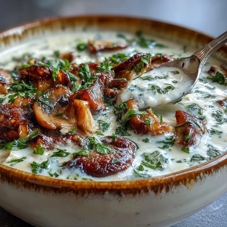 Hearty mushroom soup simmering with thyme, carrots, and celery for cozy dinners.