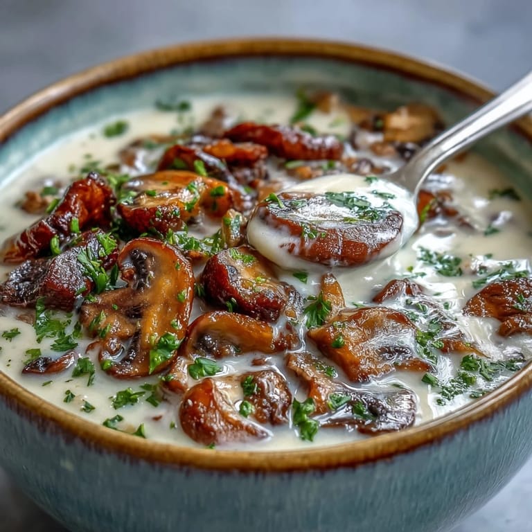 Rustic mushroom soup served with crusty bread for a comforting vegetarian meal.