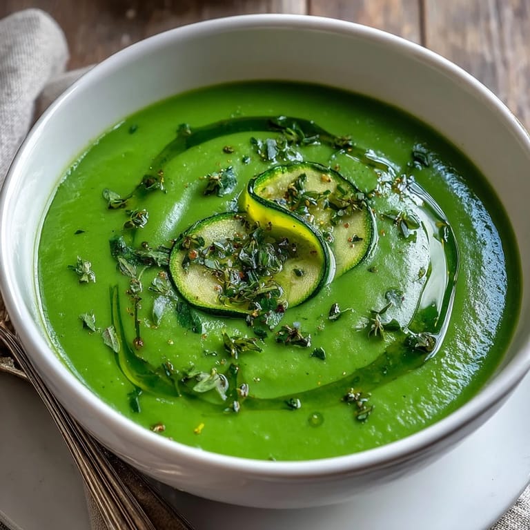 Vibrant green Zucchini Soup in a rustic white bowl, garnished with chopped parsley and basil.