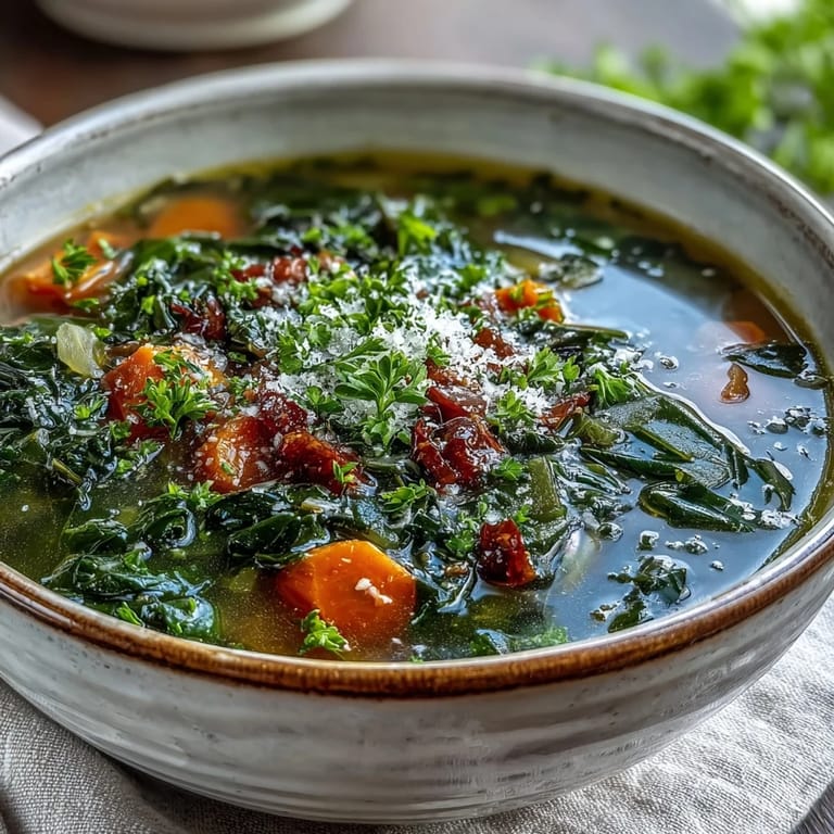 Close-up of Swiss Chard Soup with wilted leaves and diced vegetables, steam rising to show it's freshly cooked.