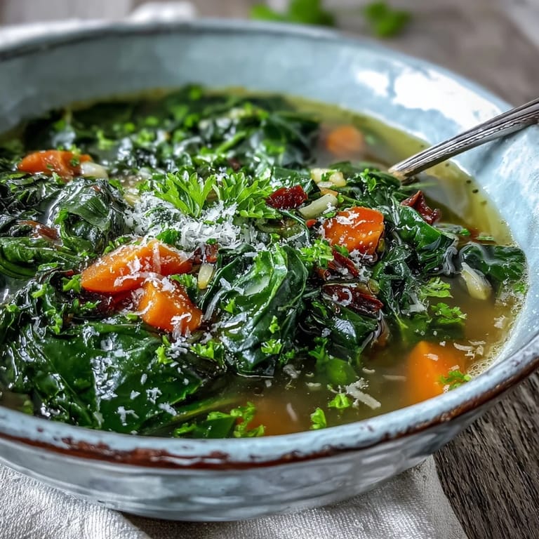 Healthy Swiss Chard Soup served in a rustic white bowl, garnished with fresh parsley and a lemon wedge for brightness.