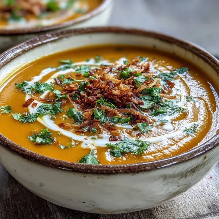 A bowl of creamy Carrot and Coconut Soup, swirled with coconut milk and a lime wedge on the side.