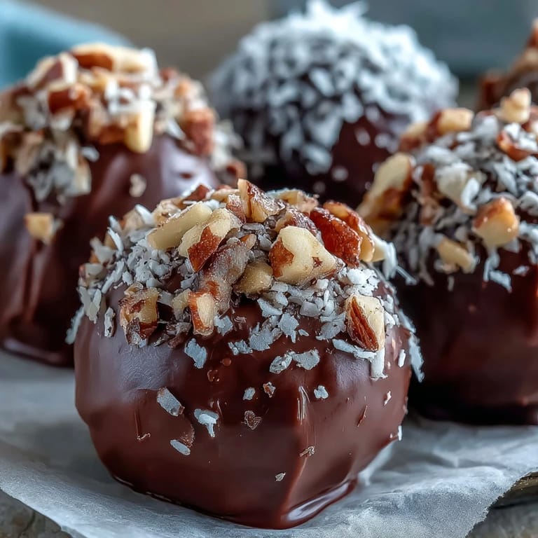 Handcrafted chocolate truffles with a velvety ganache center, displayed on a marble countertop.