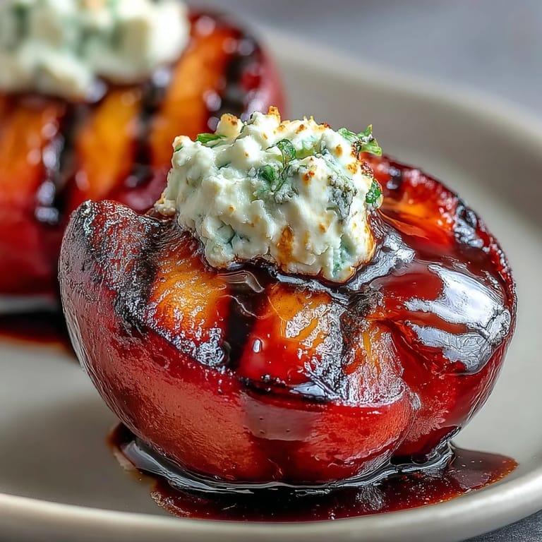 Balsamic-Goat Cheese Grilled Plums dessert arranged with mint garnish, showing char marks from the grill and a shiny glaze finish.