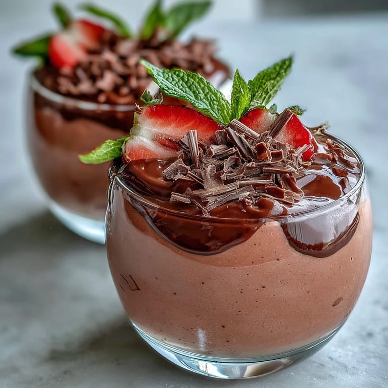 Spoon ready, Chocolate-Covered Strawberry Mousse is topped with a fresh strawberry half and mint.
