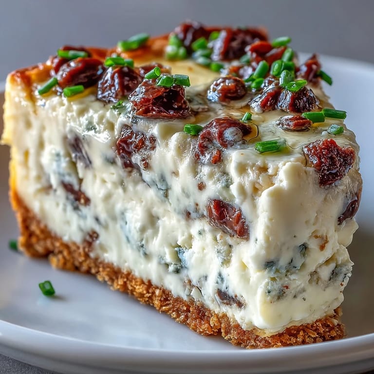 Golden-brown Kalamata Cheesecake Appetizer with a creamy filling, garnished with herbs on a rustic wooden board.