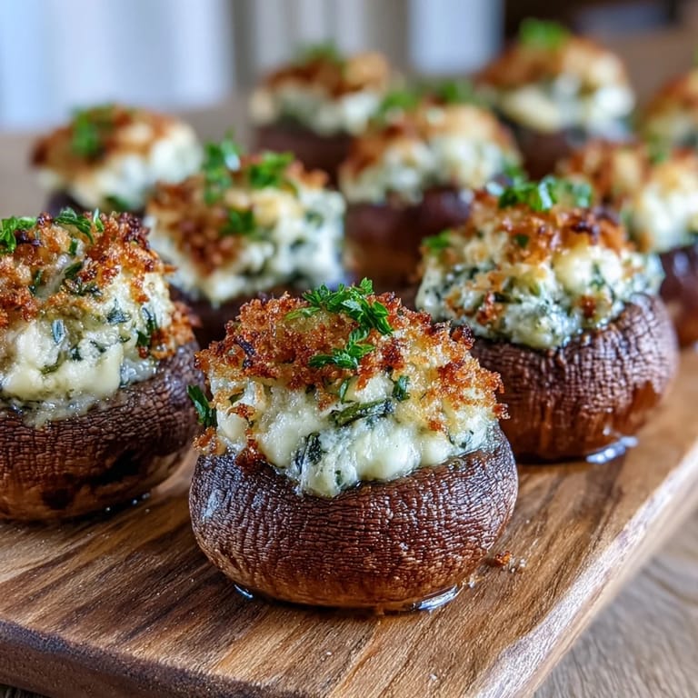 Freshly baked Stuffed Asiago-Basil Mushrooms arranged on a rustic platter, ready for a party appetizer. 