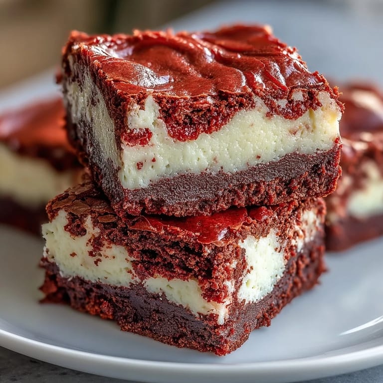 A batch of freshly baked Red Velvet Cheesecake Brownies cut into squares, ready for a festive dessert platter.