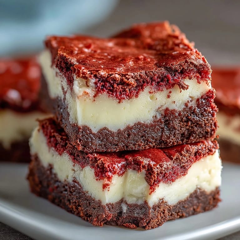 Decadent Red Velvet Cheesecake Brownies featuring a rich, moist red velvet base and smooth cream cheese swirls.