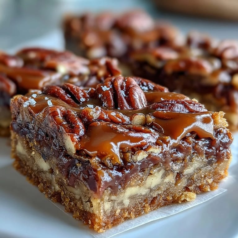 A white plate holds square Decadent Sweet and Chewy Turtle Bars with Chocolate and Caramel next to a glass of cold milk.