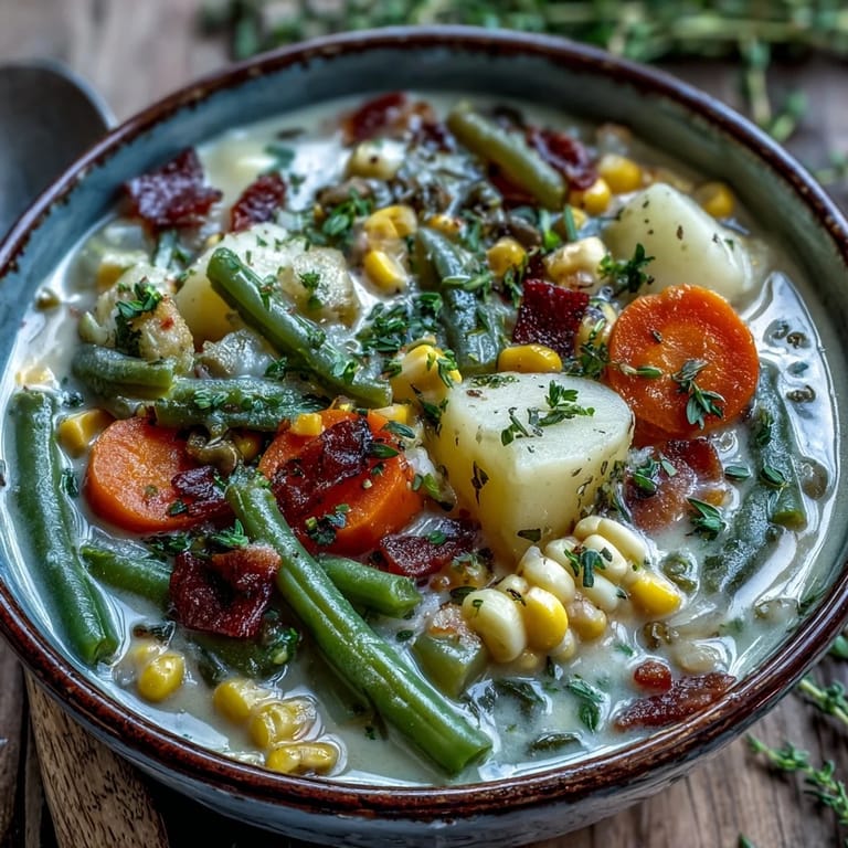 A cozy bowl of Amish Snow Day Soup served with crusty bread for dipping.