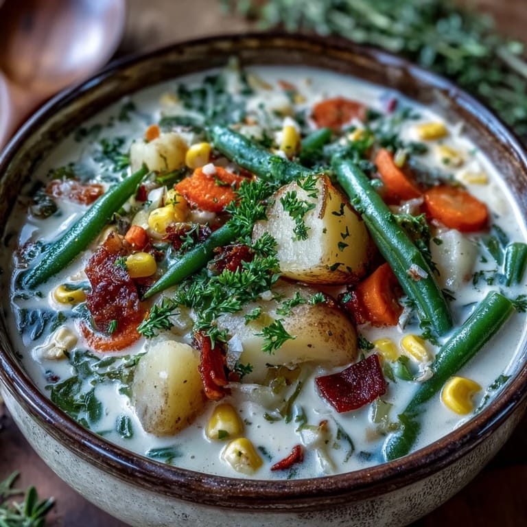 Steaming Amish Snow Day Soup features corn, potatoes, and carrots in a velvety broth.