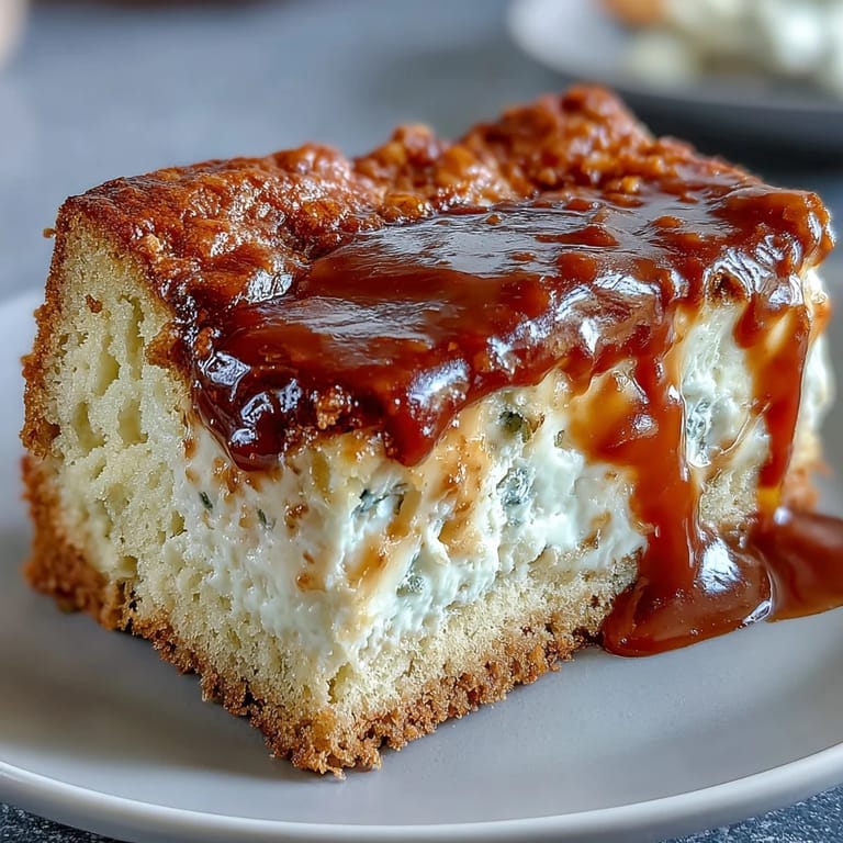 A close-up of a slice of Caramel Cream Cheese Bread on a plate, revealing a moist crumb and a decadent cheesecake-like center.