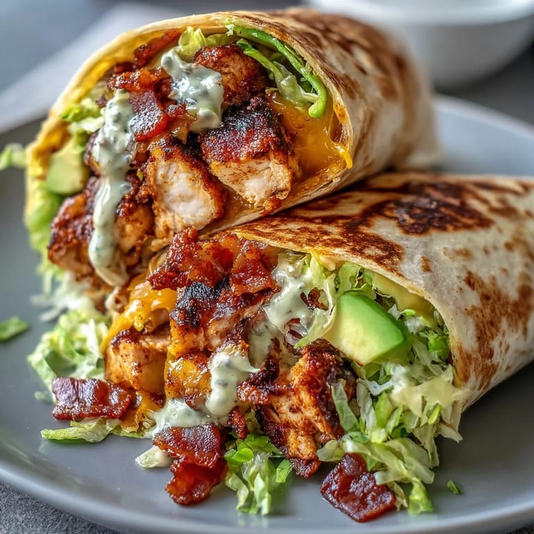 Freshly assembled crispy chicken bacon wrap garnished with diced tomato and avocado, served with a side of extra sauce.