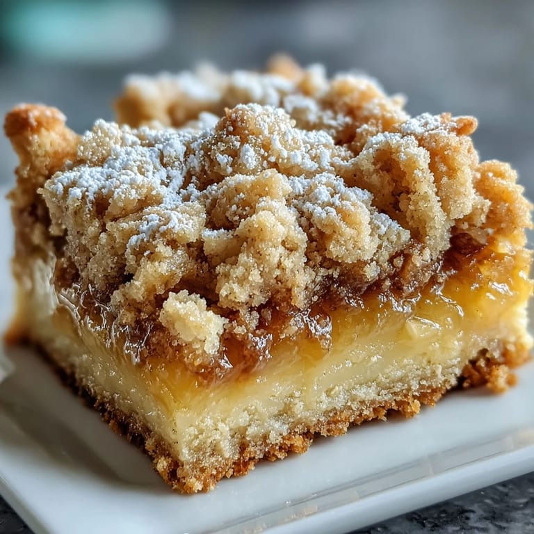 Aerial view of Homemade Lemon Crumb Bars dusted with powdered sugar beside a hot cup of tea.