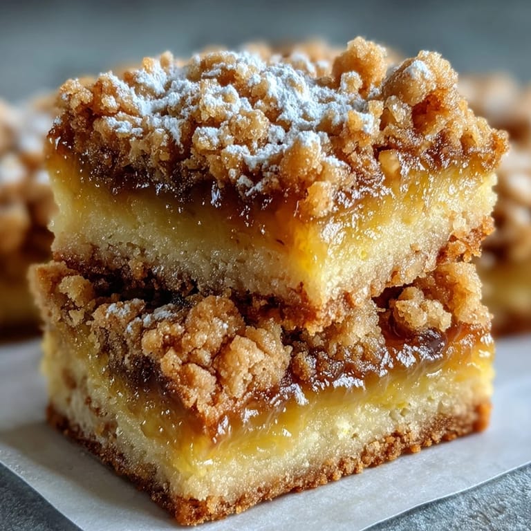 Homemade Lemon Crumb Bars on a cutting board with lemon slices, showcasing crumbly texture and tangy filling.
