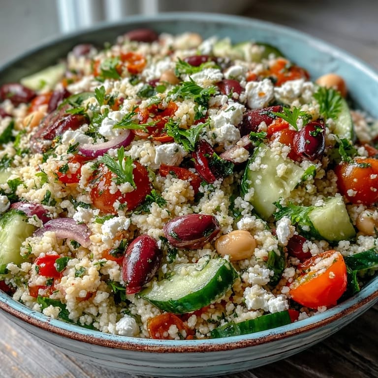 A close-up view of Mediterranean Pearl Couscous topped with crumbled feta and chopped parsley, showcasing the tender, toasted grains and colorful vegetables tossed in a zesty oregano dressing.