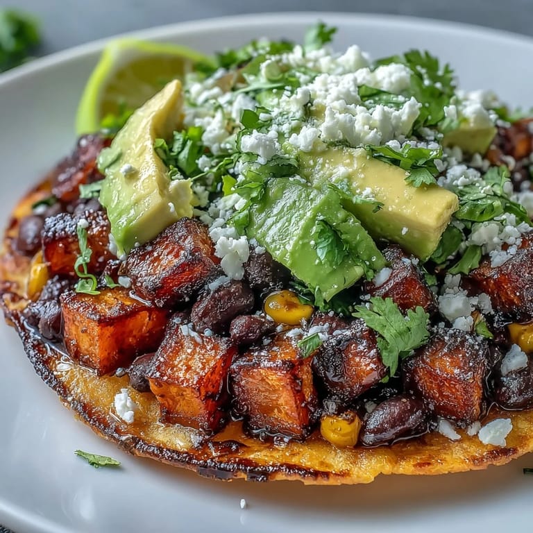 Freshly assembled gluten-free tostadas featuring caramelized sweet potatoes, seasoned black bean and corn salsa, and avocado, ready to be drizzled with hot sauce.
