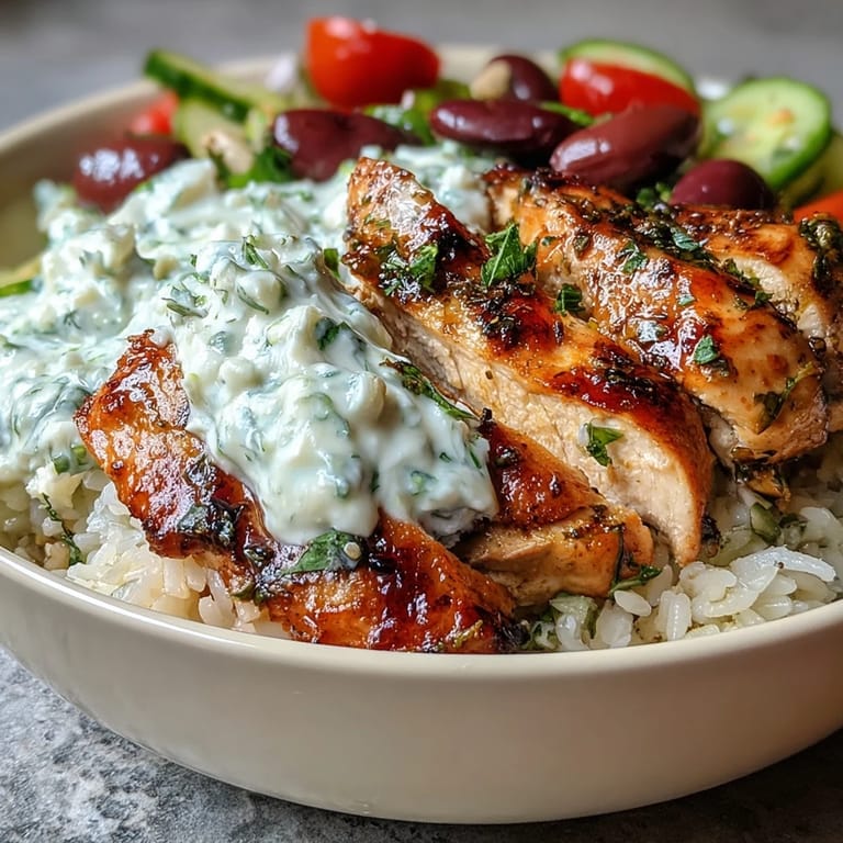 A colorful Mediterranean bowl with tender chicken, fluffy rice, cucumber-tomato salad, olives, and creamy tzatziki.  