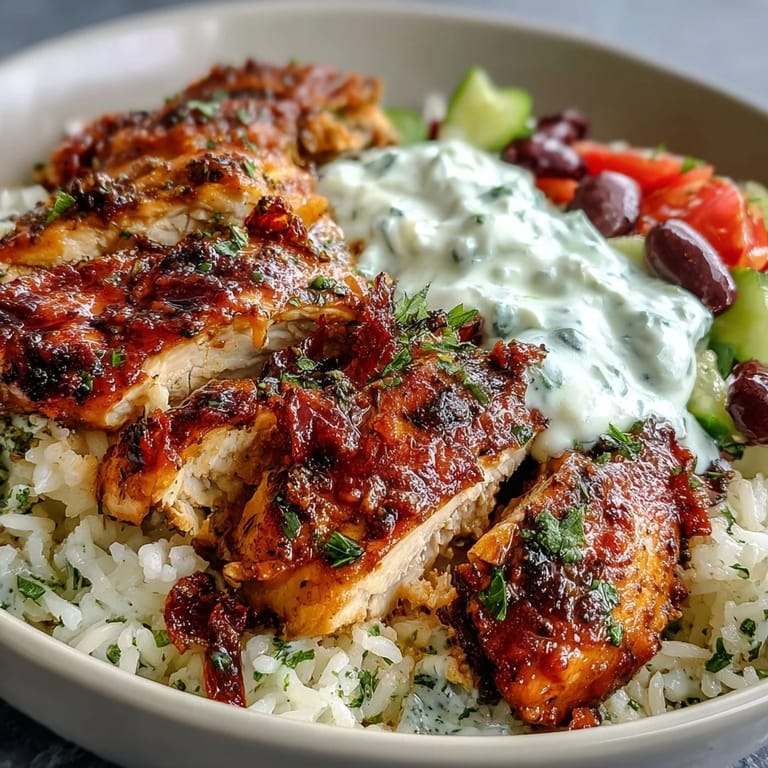 Freshly prepared Greek Chicken Bowl with herbed rice, crisp veggies, briny olives, and a dollop of tzatziki.