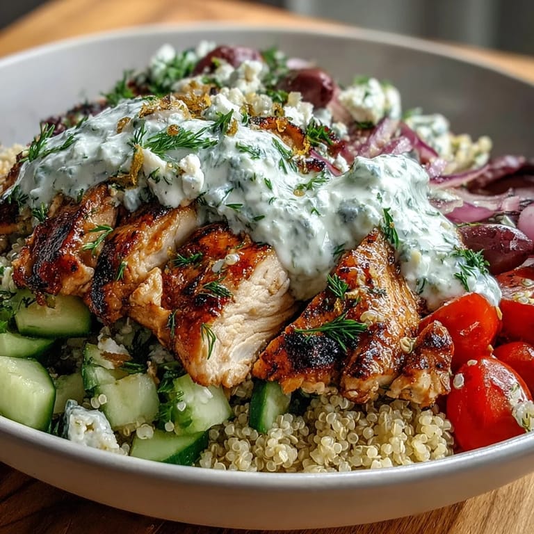 A vibrant Greek Chicken Power Bowl with golden chicken, crisp veggies, and a generous dollop of cool tzatziki sauce ready to enjoy.