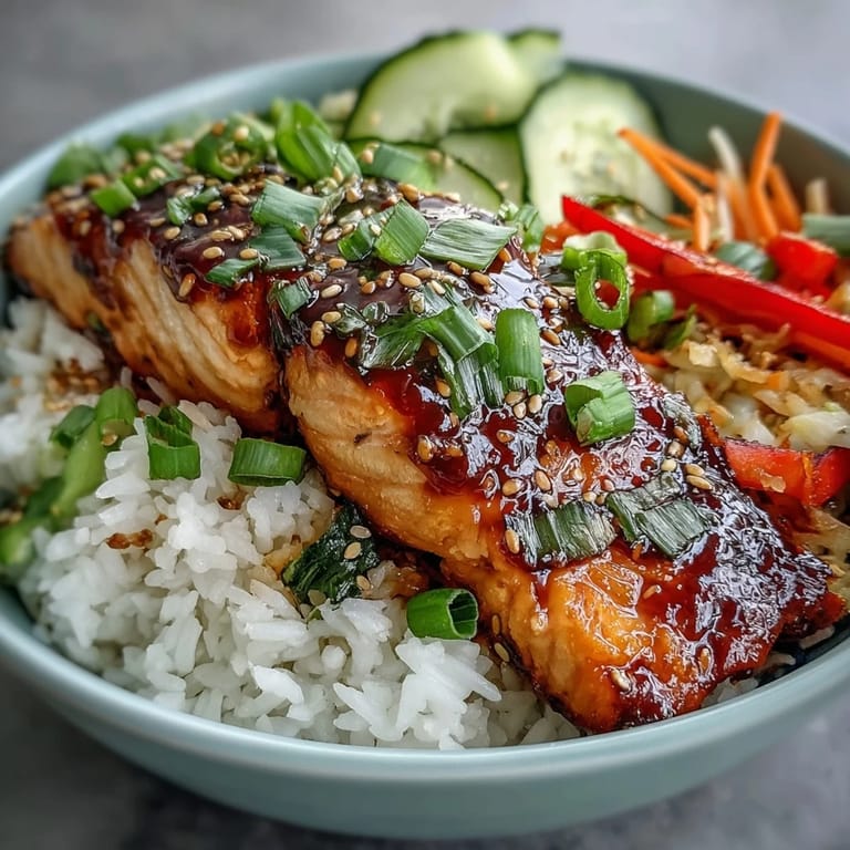Baked soy-ginger salmon atop steamed jasmine rice in a serving bowl with lime wedges and scallions.