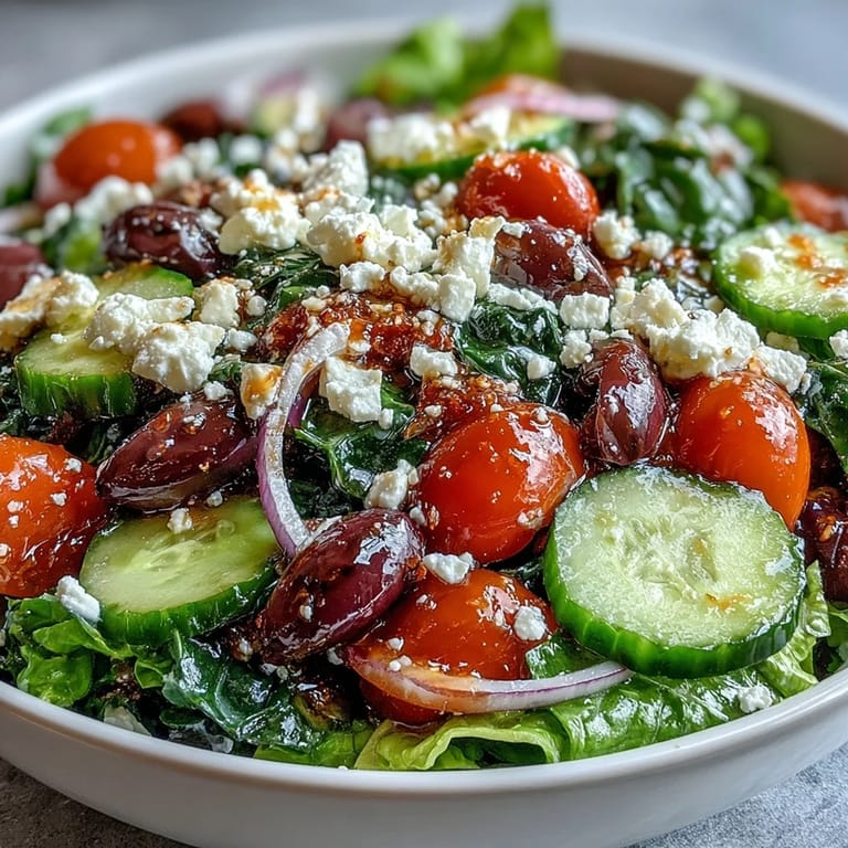 A close-up of a Greek Salad Bowl with creamy feta, crunchy cucumbers, and a tangy vinaigrette drizzle.