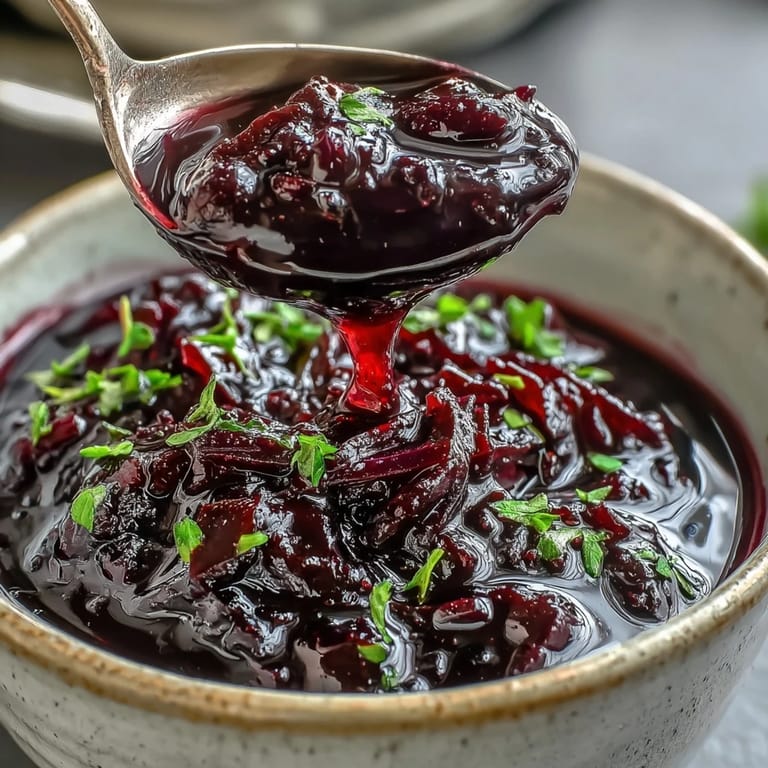 A spoon lifts Black Currant Vinaigrette, showing off its rich purple hue and glossy emulsion.