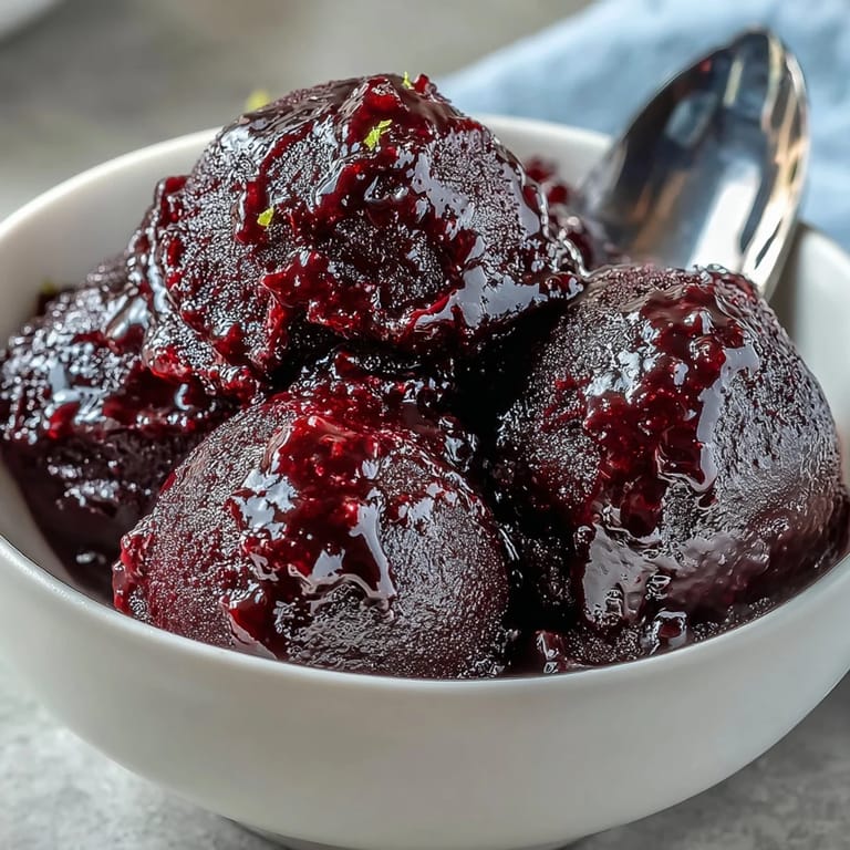 A spoon digs into a frozen bowl of Black Currant Sorbet, revealing the rich, seedless berry puree and a bright, tart finish.