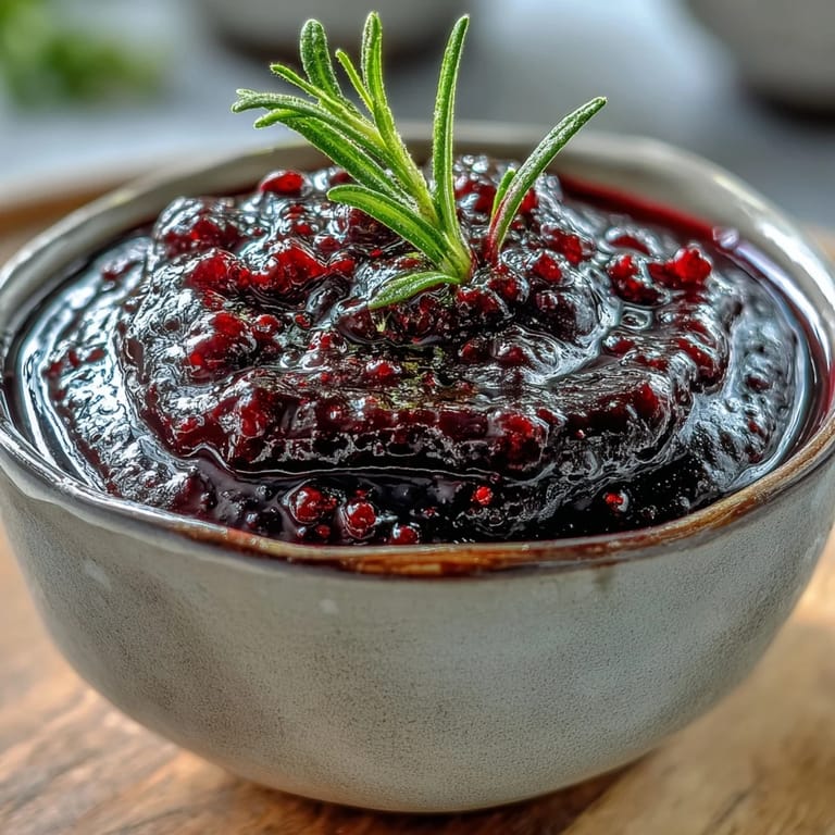 Dark purple Black Currant and Rosemary Reduction glistens in a small white ramekin next to roasted duck and fresh herbs.
